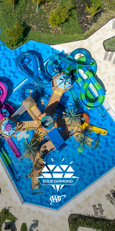 Ikonisches Bild des Wasserparks des Lopesan Costa Bávaro Hotel, Resort, Spa & Casino in Punta Cana, Dominikanische Republik 